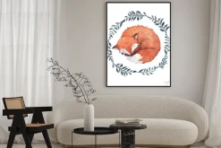 Plakat: Śpiący lisek w wianku liści