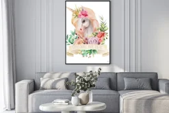 Plakat: Piękne, słodkie, głowy jednorożca akwarela ze złotą koroną i