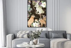 Plakat: Piękne, vintage, zaczarowane lasy, zwierzęta leśne i ptaki z