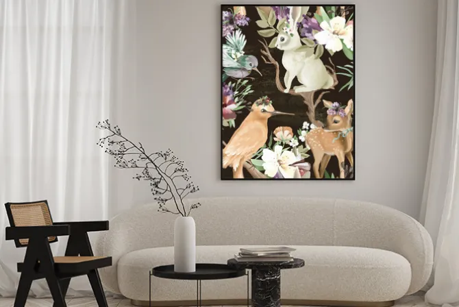 Plakat: Piękne, vintage, zaczarowane lasy, zwierzęta leśne i ptaki z