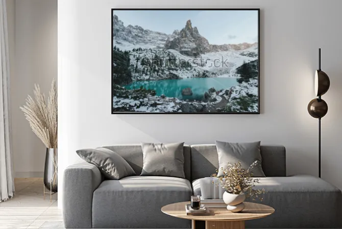 Plakat: Piękny widok na ogromne białe skały dolomiti (dolomity). jezioro