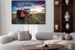 Plakat: Piękny zachód słońca nad pole i stary zardzewiały ciągnika