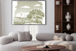 Plakat: Pióro i atrament rysunek dziedzinie hodowli z górami w tle.