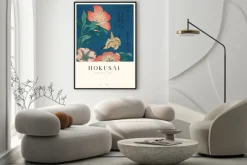 Plakat: Piwonie i kanarki reprodukcja hokusai