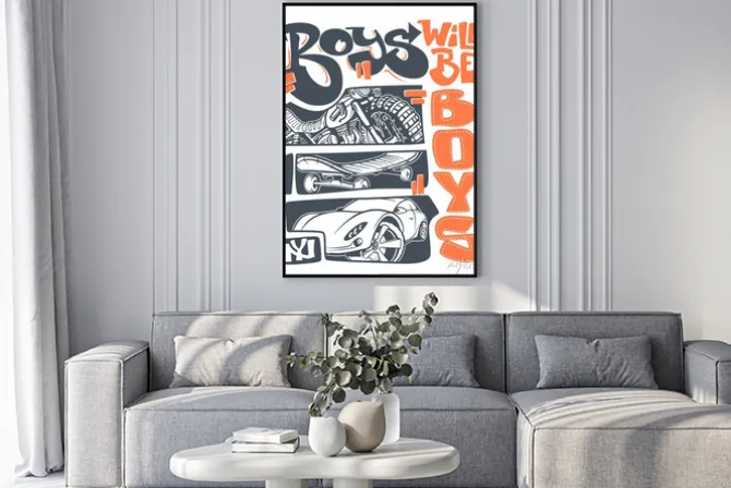 Plakat: Pojazdy z napisem boys will be boys