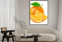 Plakat: Pojedyncze pomarańczowe owoce i plastry