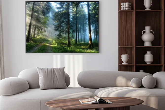 Plakat: Poranny mglisty las w zielonych barwach natury