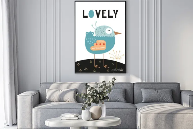 Plakat: Poster for nursery scandi design with cute bird and text lovely