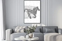 Plakat: Prowadzenie konia wykonane z cząstek. przerywana tle. wektor