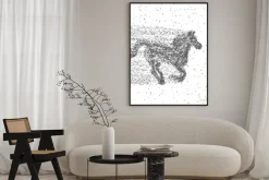 Plakat: Prowadzenie konia wykonane z cząstek. przerywana tle. wektor