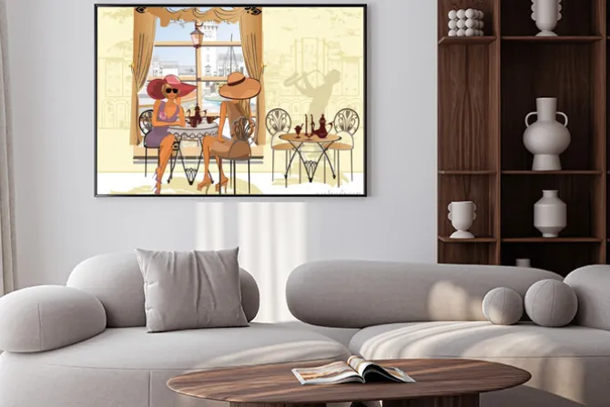 Plakat: Przyjaciele w kawiarni picia kawy.