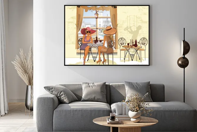 Plakat: Przyjaciele w kawiarni picia kawy.