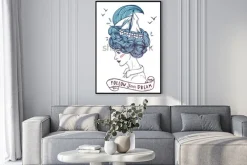 Plakat: Ręcznie rysowane kolorowy portret marzącej młodej pięknej kobiety