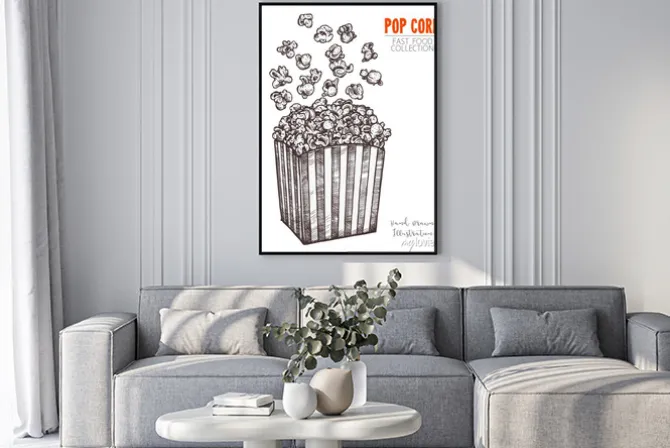 Plakat: Ręcznie rysowane szkic popcorn, kino przekąska w wygrawerowanym