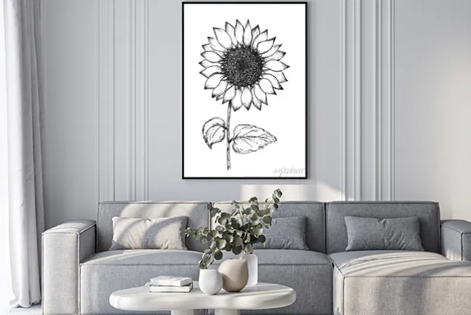 Plakat: Retro black outline ink pen sketch of sunflower. hand drawn illustration
