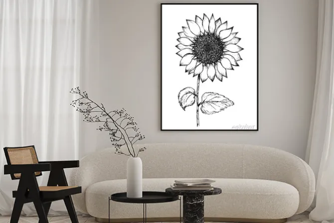 Plakat: Retro black outline ink pen sketch of sunflower. hand drawn illustration