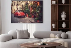 Plakat: Retro czerwone auto włoski pejzaż