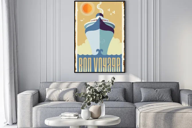 Plakat: Retro ilustracja ze statkiem