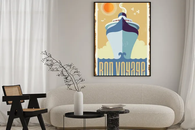 Plakat: Retro ilustracja ze statkiem