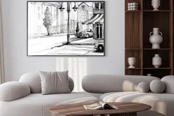 Plakat: Retro miasto szkic, ulica, budynki i stare samochody ilustracji