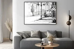 Plakat: Retro miasto szkic, ulica, budynki i stare samochody ilustracji