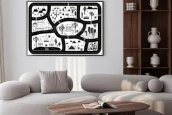 Plakat: Road, mountains and woods adventure map. kids play carpet or