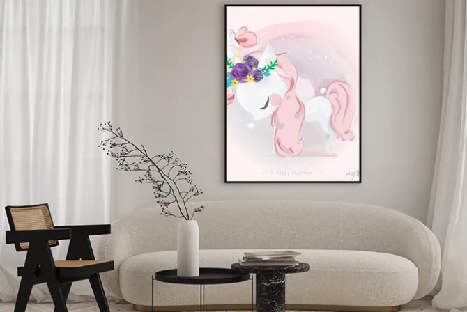 Plakat: Różowy jednorożec z wiankiem na głowie