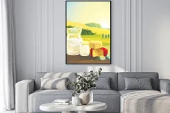 Plakat: Rural landscape with set of dairy products