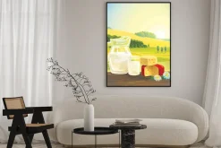 Plakat: Rural landscape with set of dairy products