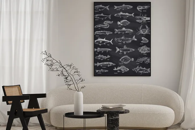 Plakat: Ryba i owoce morza ręcznie rysowane grafiki ilustracja