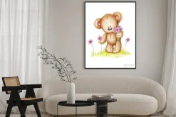 Plakat: Rysunek misia z różowe kwiaty