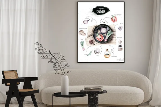 Plakat: Rysunek warzyw na żeliwnej patelni z podpisami