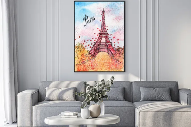 Plakat: Rysunkowa wieża eiffla z napisem paris i sercami