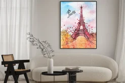 Plakat: Rysunkowa wieża eiffla z napisem paris i sercami
