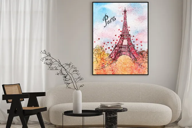 Plakat: Rysunkowa wieża eiffla z napisem paris i sercami