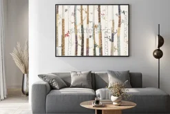 Plakat: Rysunkowe pnie drzew w lesie tworzące wzór