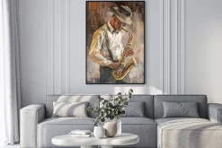 Plakat: Saksofonista jazzowy w stylu malarskim