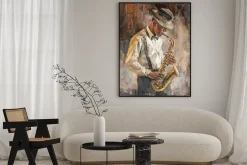 Plakat: Saksofonista jazzowy w stylu malarskim