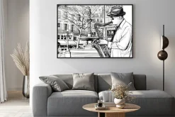 Plakat: Saksofonista na tle paryskiej ulicy