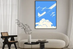 Plakat: Samolot pasażerski w chmurach tle retro