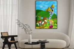 Plakat: Scena lasów kreskówek z księciem z koniem i księżniczką stoi