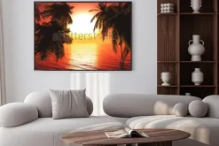 Plakat: Sea sunset among the palm trees, the sun over the water in the