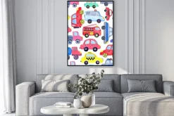 Plakat: Seamless pattern with watercolor cartoon cars and spare parts.