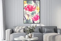 Plakat: Seamless tropical flower, plant and leaf pattern background.