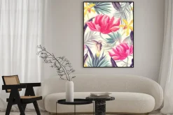 Plakat: Seamless tropical flower, plant and leaf pattern background.