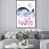 Plakat: Set of sea animals. blue watercolor ocean fish, turtle, whale