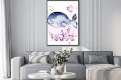 Plakat: Set of sea animals. blue watercolor ocean fish, turtle, whale