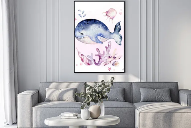 Plakat: Set of sea animals. blue watercolor ocean fish, turtle, whale