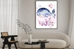 Plakat: Set of sea animals. blue watercolor ocean fish, turtle, whale