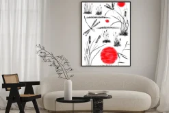 Plakat: Set of sun, bulrush, grass and dragonflies. watercolor and